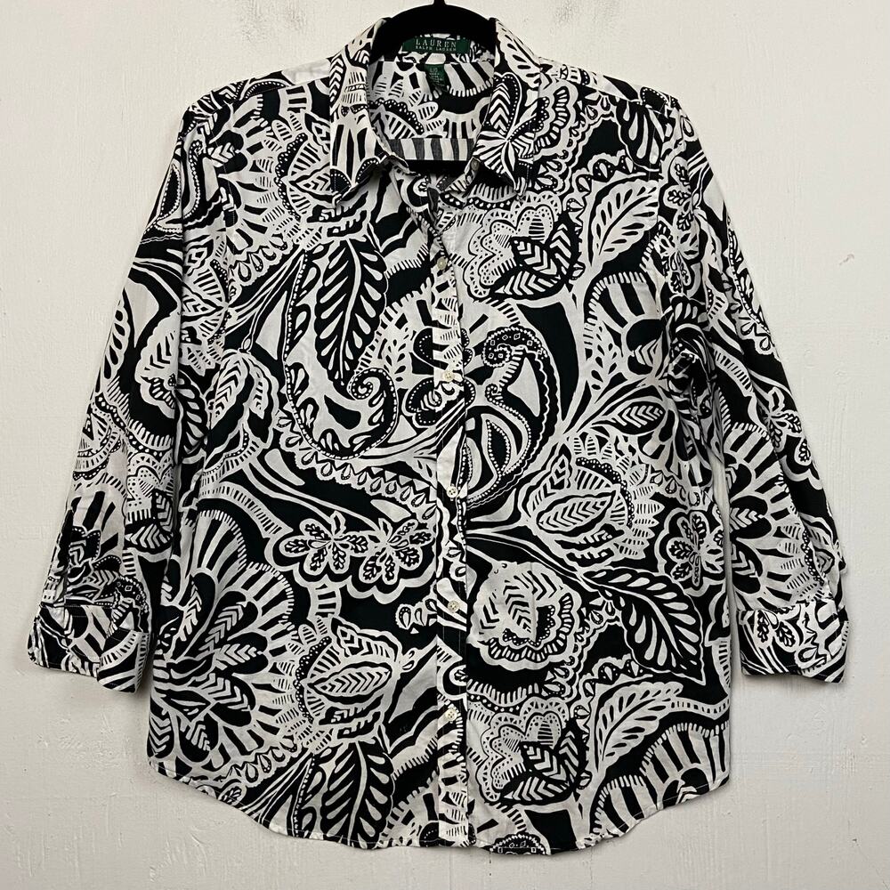 Lauren Ralph Lauren Black White 100% Cotton Paisley Button Up Blouse Top Size L